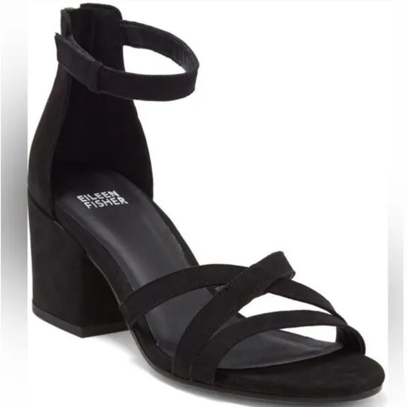 Eileen Fisher Jazzy Heel Sandals 8.5 NEW Black Leather Block Ankle Strap