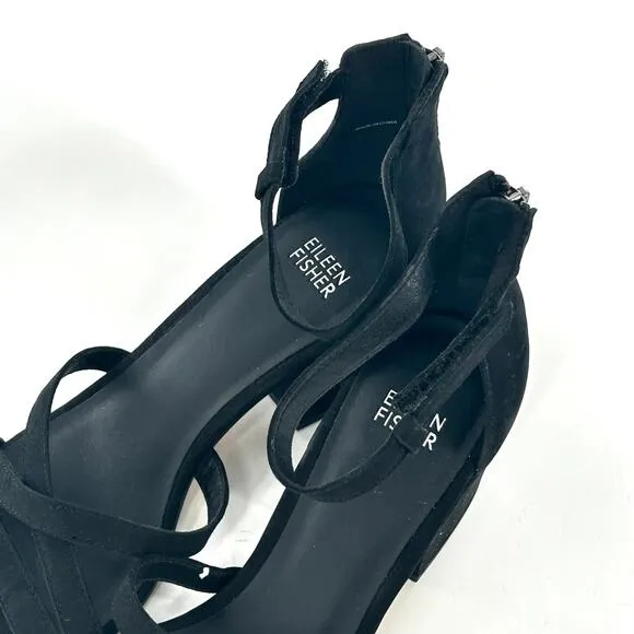 Eileen Fisher Jazzy Heel Sandals 8.5 NEW Black Leather Block Ankle Strap