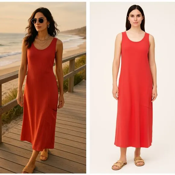EILEEN FISHER Linen Blend Midi Dress Grenadine Red Pink Sz M {3A42}