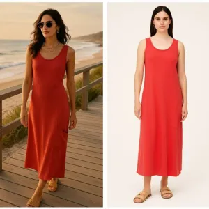 EILEEN FISHER Linen Blend Midi Dress Grenadine Red Pink Sz M {3A42}