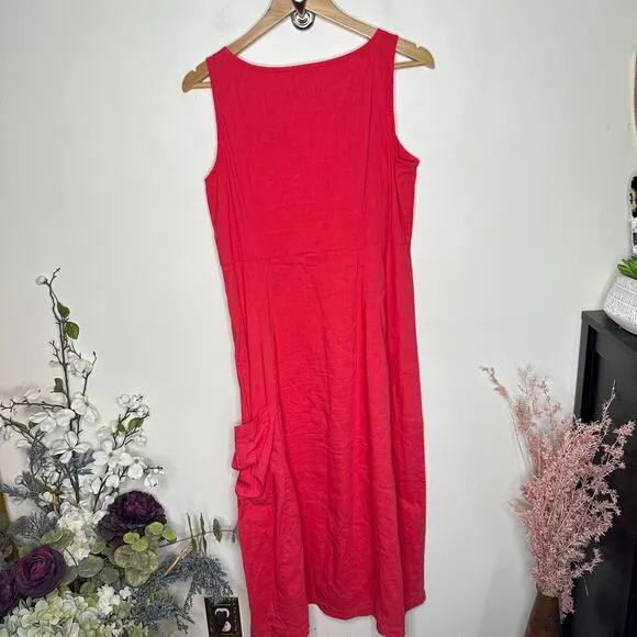 EILEEN FISHER Linen Blend Midi Dress Grenadine Red Pink Sz M {3A42}