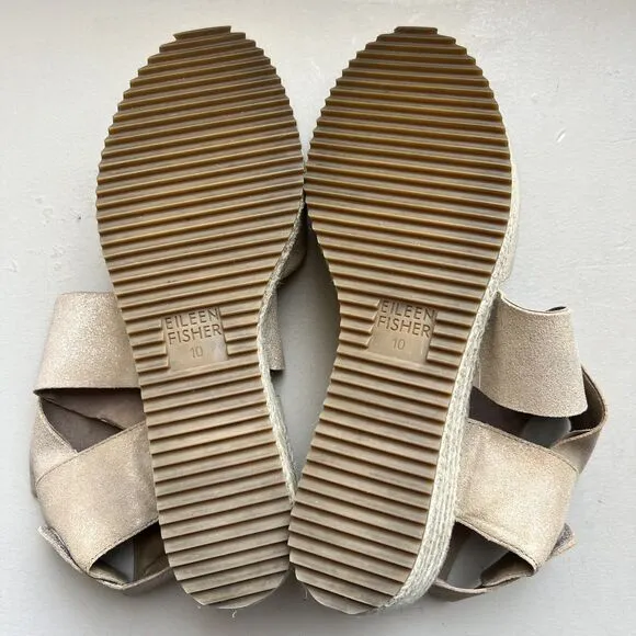 Eileen Fisher Metallic Nude Tan Leather Espadrille Wedge Crossover Sandal US 10