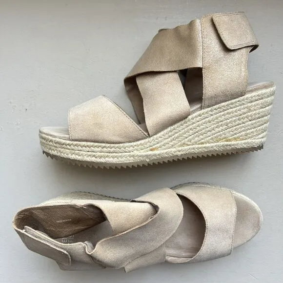 Eileen Fisher Metallic Nude Tan Leather Espadrille Wedge Crossover Sandal US 10