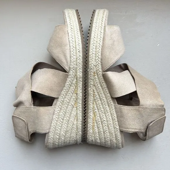 Eileen Fisher Metallic Nude Tan Leather Espadrille Wedge Crossover Sandal US 10
