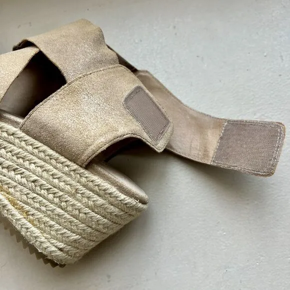 Eileen Fisher Metallic Nude Tan Leather Espadrille Wedge Crossover Sandal US 10