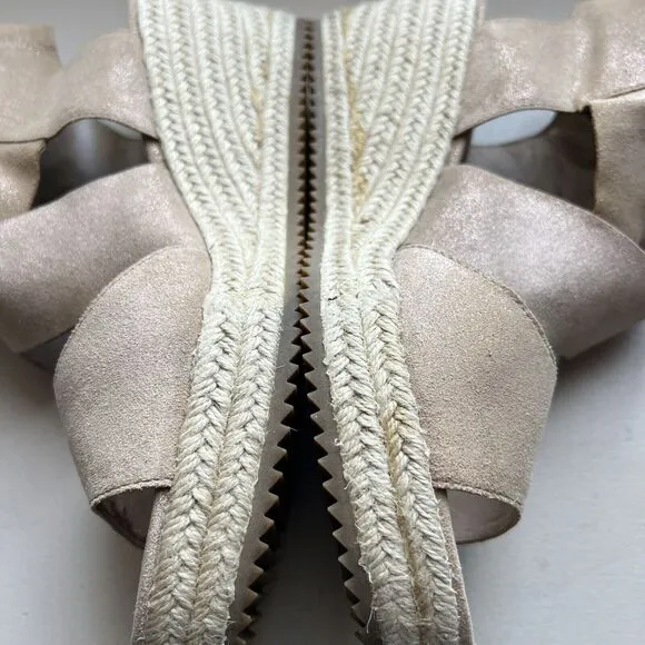 Eileen Fisher Metallic Nude Tan Leather Espadrille Wedge Crossover Sandal US 10