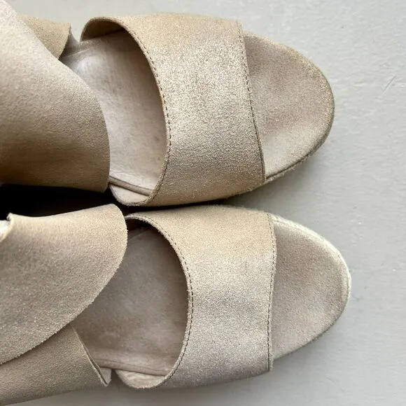 Eileen Fisher Metallic Nude Tan Leather Espadrille Wedge Crossover Sandal US 10