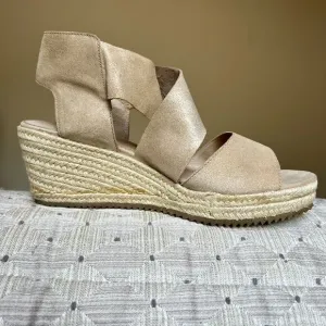Eileen Fisher Metallic Nude Tan Leather Espadrille Wedge Crossover Sandal US 10