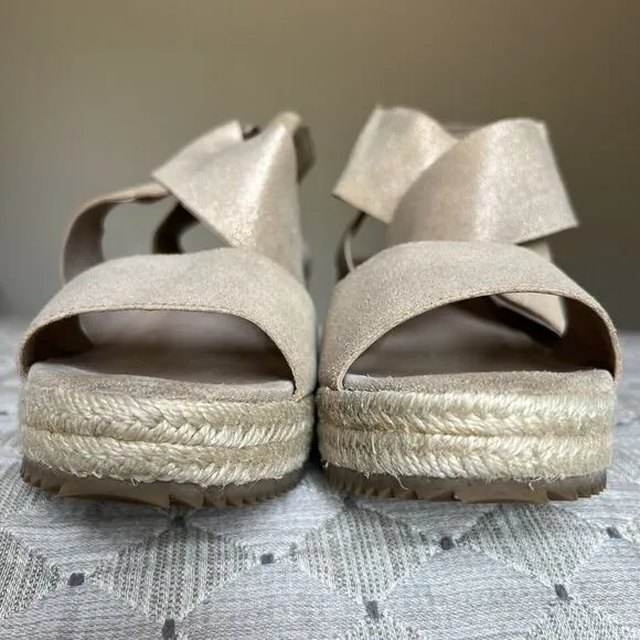 Eileen Fisher Metallic Nude Tan Leather Espadrille Wedge Crossover Sandal US 10