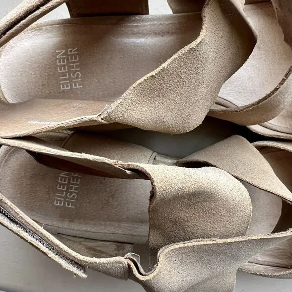 Eileen Fisher Metallic Nude Tan Leather Espadrille Wedge Crossover Sandal US 10