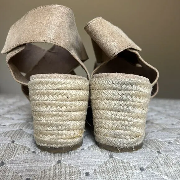 Eileen Fisher Metallic Nude Tan Leather Espadrille Wedge Crossover Sandal US 10