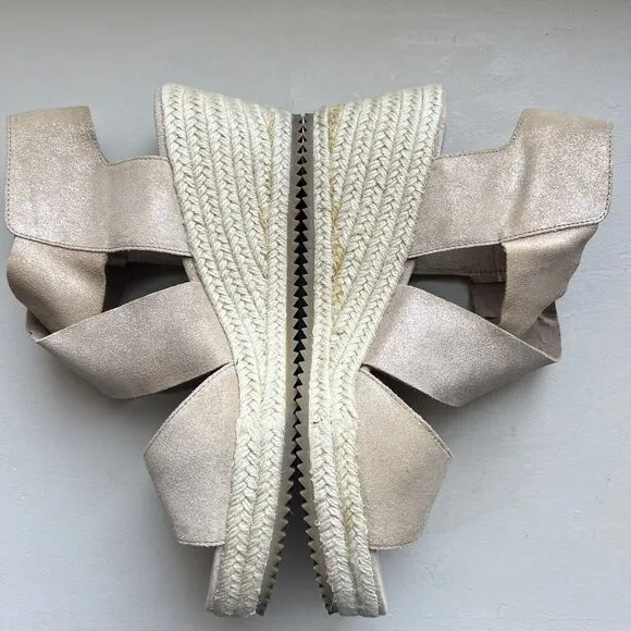 Eileen Fisher Metallic Nude Tan Leather Espadrille Wedge Crossover Sandal US 10