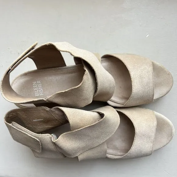 Eileen Fisher Metallic Nude Tan Leather Espadrille Wedge Crossover Sandal US 10