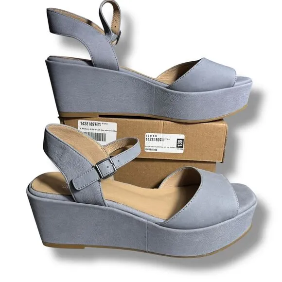 Eileen Fisher Mime Leather Wedge Sandals Comfort‎ Platform Ankle Strap Blue 9M