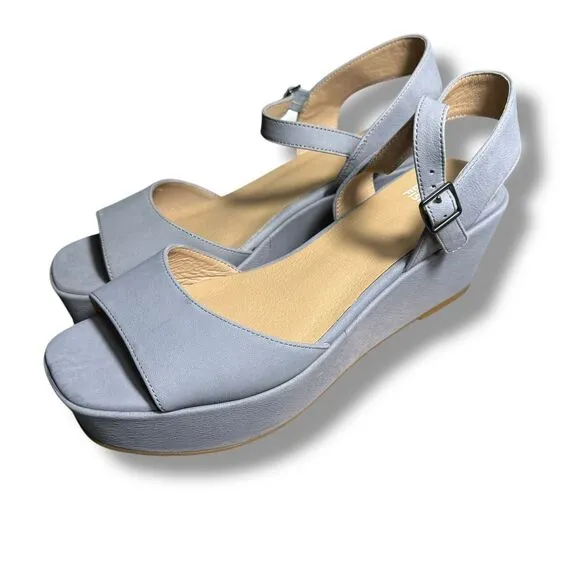 Eileen Fisher Mime Leather Wedge Sandals Comfort‎ Platform Ankle Strap Blue 9M