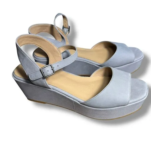 Eileen Fisher Mime Leather Wedge Sandals Comfort‎ Platform Ankle Strap Blue 9M