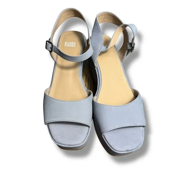 Eileen Fisher Mime Leather Wedge Sandals Comfort‎ Platform Ankle Strap Blue 9M