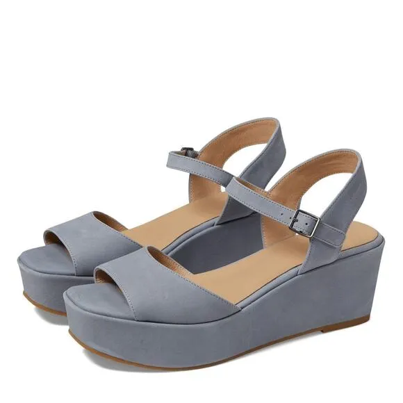Eileen Fisher Mime Leather Wedge Sandals Comfort‎ Platform Ankle Strap Blue 9M