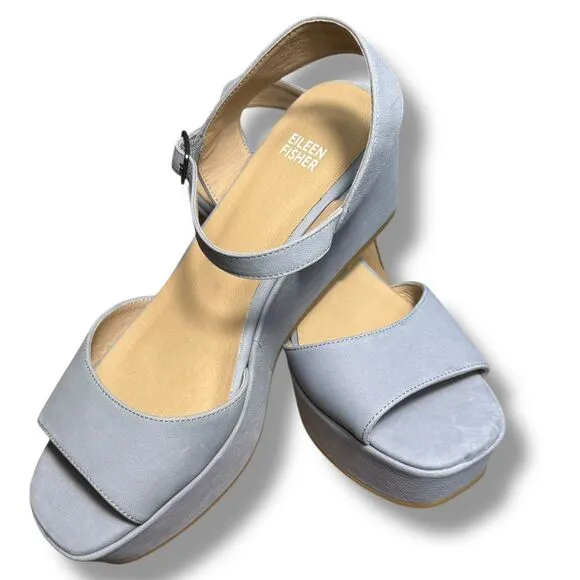Eileen Fisher Mime Leather Wedge Sandals Comfort‎ Platform Ankle Strap Blue 9M