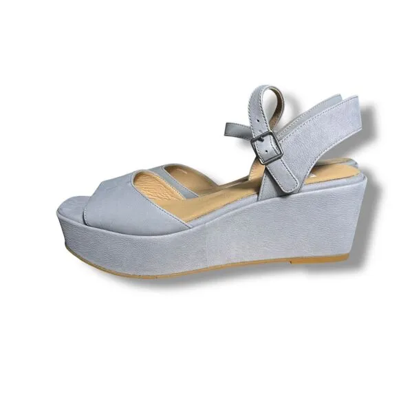 Eileen Fisher Mime Leather Wedge Sandals Comfort‎ Platform Ankle Strap Blue 9M
