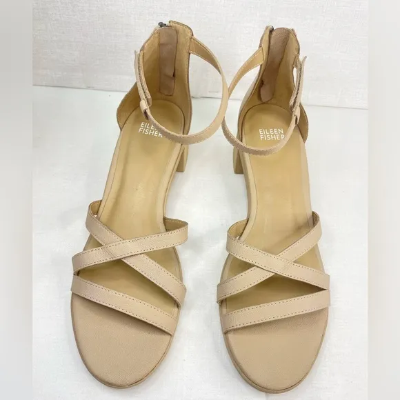 Eileen Fisher Noni Khaki Leather Heeled StrappySandals Women's 9,‎ G 100