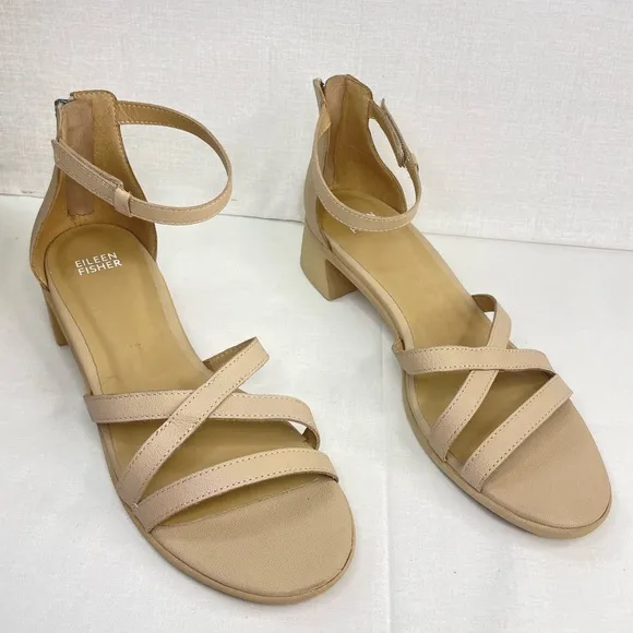 Eileen Fisher Noni Khaki Leather Heeled StrappySandals Women's 9,‎ G 100