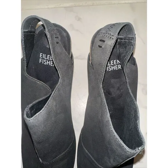 EILEEN FISHER‎ Nubuck Slingback Sandals Cork Suede Wedge Open Toe Size 10 Black