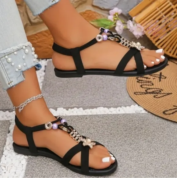 Elegant Black Sandals with Starfish Embellishment Sz 11