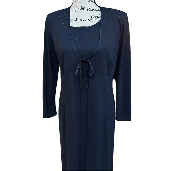 Elegant Dark Blue Shimmering Silver Thread Dress Long Cardigan Set