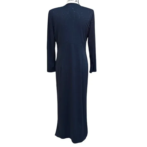 Elegant Dark Blue Shimmering Silver Thread Dress Long Cardigan Set