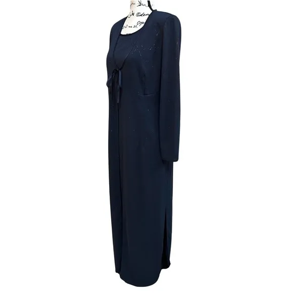 Elegant Dark Blue Shimmering Silver Thread Dress Long Cardigan Set