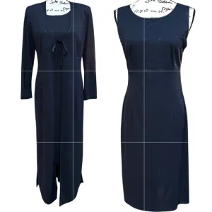 Elegant Dark Blue Shimmering Silver Thread Dress Long Cardigan Set