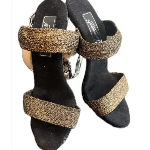 Elegant Gold metallic &amp; Black high heel stiletto bronze dressy Sandals size 6