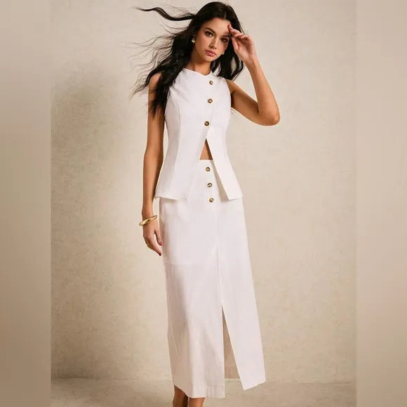 Elegant White Two-Piece Suit – Button Detail, Front Slit, Chic Summer Outfit