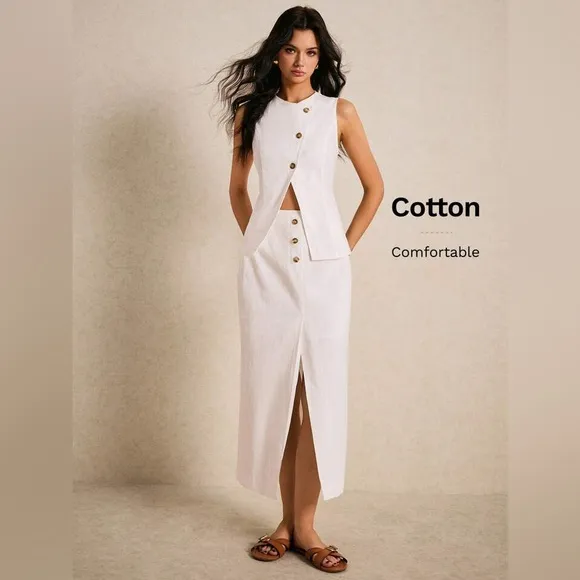 Elegant White Two-Piece Suit – Button Detail, Front Slit, Chic Summer Outfit