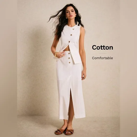 Elegant White Two-Piece Suit – Button Detail, Front Slit, Chic Summer Outfit