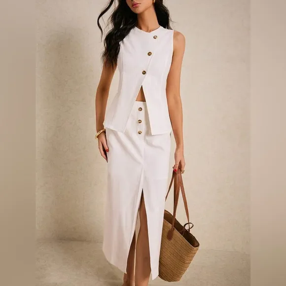 Elegant White Two-Piece Suit – Button Detail, Front Slit, Chic Summer Outfit