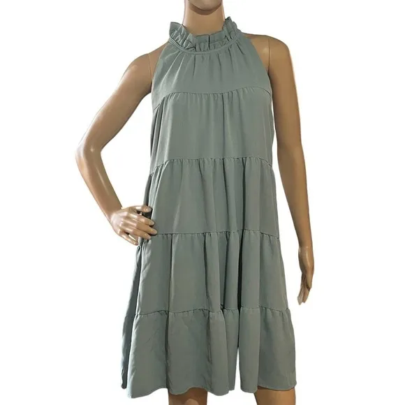 ENTRO Women's Tiered Ruffle High Neck Sleeveless Dress‎ Ties in Back Size Medium