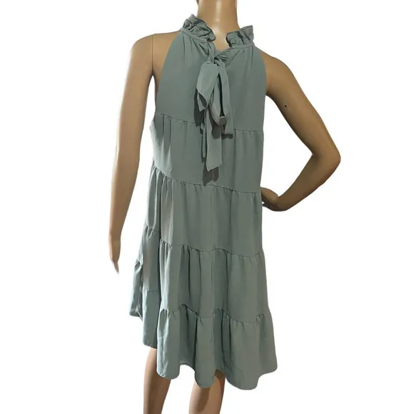 ENTRO Women's Tiered Ruffle High Neck Sleeveless Dress‎ Ties in Back Size Medium
