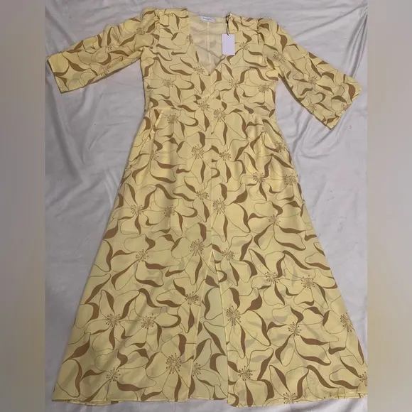 Equipment Femme Julianne 100% Silk Midi Dress Butter Yellow Brown Size small NWT