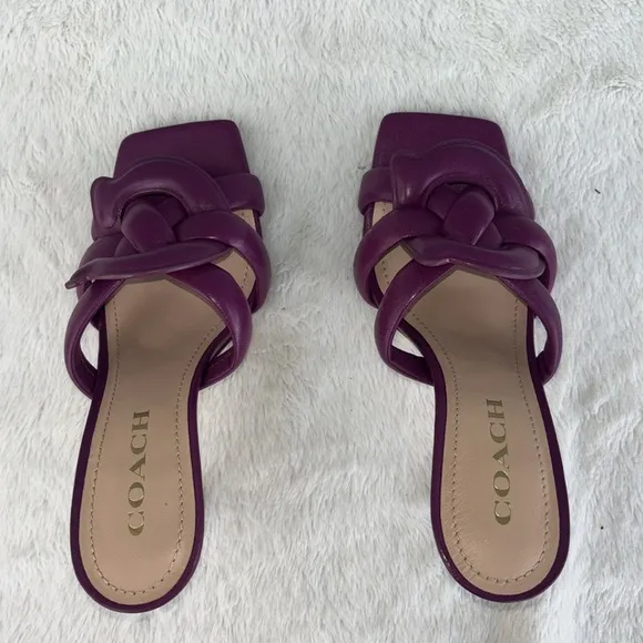 EUC Coach Kellie Leather Sandal Size 7.5 Purple Open Toe Summer Heel Fashion Lux