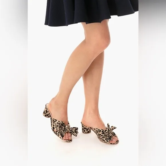 EUC, Loeffler Randall Emilia Black &amp; Tan Leopard Pleated Bow Heel Mule, 6
