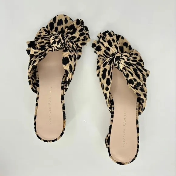 EUC, Loeffler Randall Emilia Black &amp; Tan Leopard Pleated Bow Heel Mule, 6