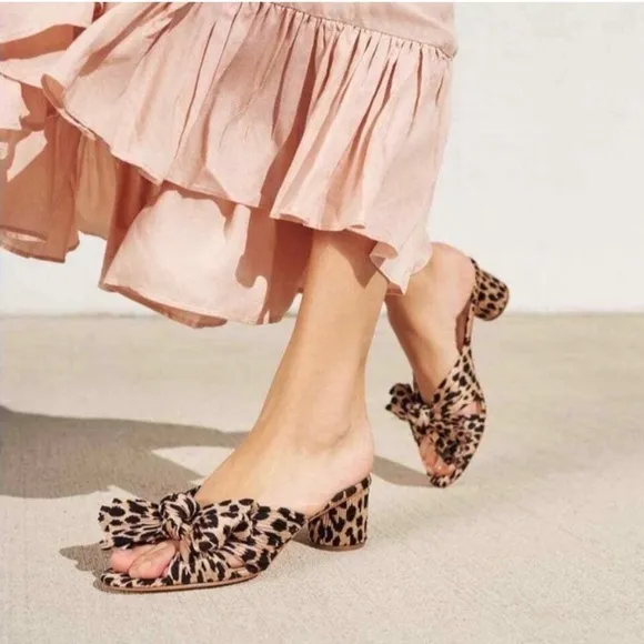 EUC, Loeffler Randall Emilia Black &amp; Tan Leopard Pleated Bow Heel Mule, 6