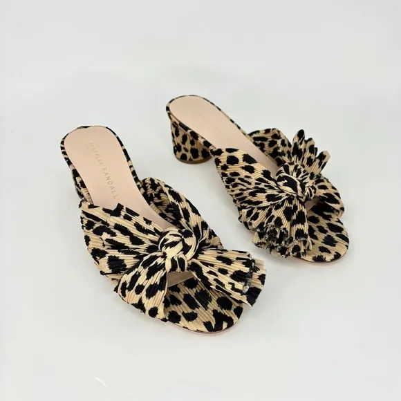 EUC, Loeffler Randall Emilia Black &amp; Tan Leopard Pleated Bow Heel Mule, 6