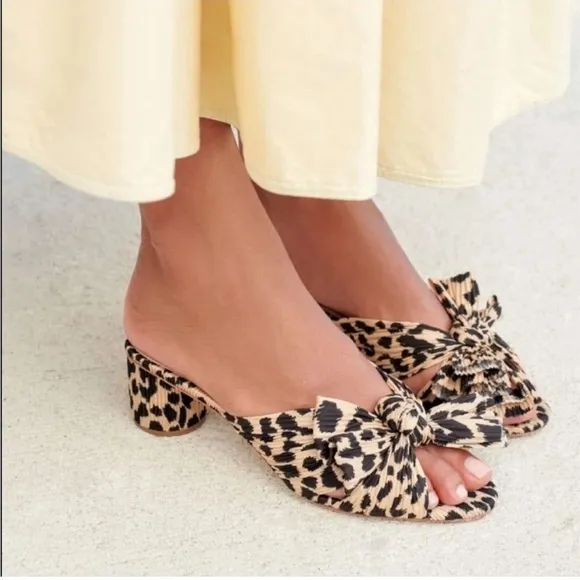 EUC, Loeffler Randall Emilia Black &amp; Tan Leopard Pleated Bow Heel Mule, 6