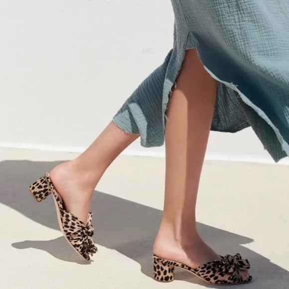 EUC, Loeffler Randall Emilia Black &amp; Tan Leopard Pleated Bow Heel Mule, 6