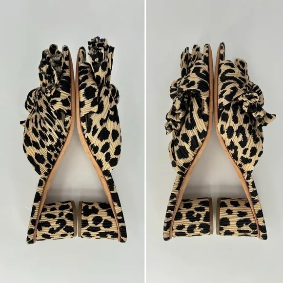 EUC, Loeffler Randall Emilia Black &amp; Tan Leopard Pleated Bow Heel Mule, 6