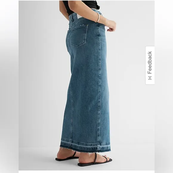 EXPRESS High Waisted Drop Hem Front Slit Maxi Denim Skirt