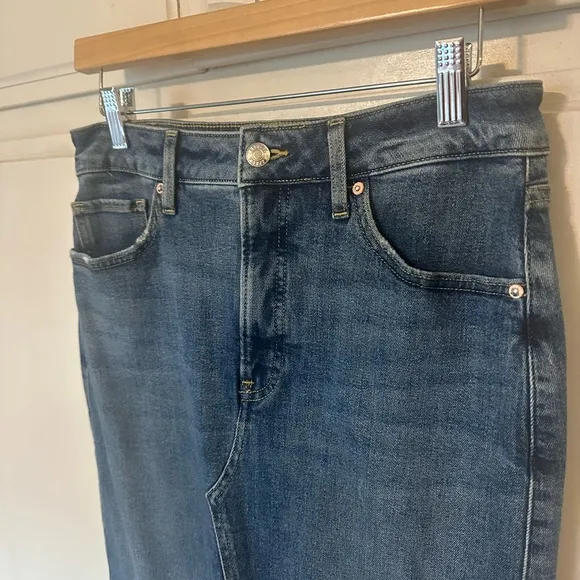 EXPRESS High Waisted Drop Hem Front Slit Maxi Denim Skirt